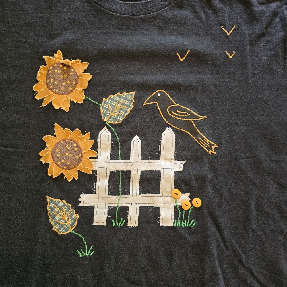 Vintage 90s KEY Elements Sunflower Crow Appliqué Tee USA XL Cottagecore Farm - Picture 2 of 4